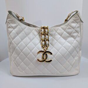 Chanel Rare Vintage White Quilted Lambskin Large Hobo Tote 24k GHW